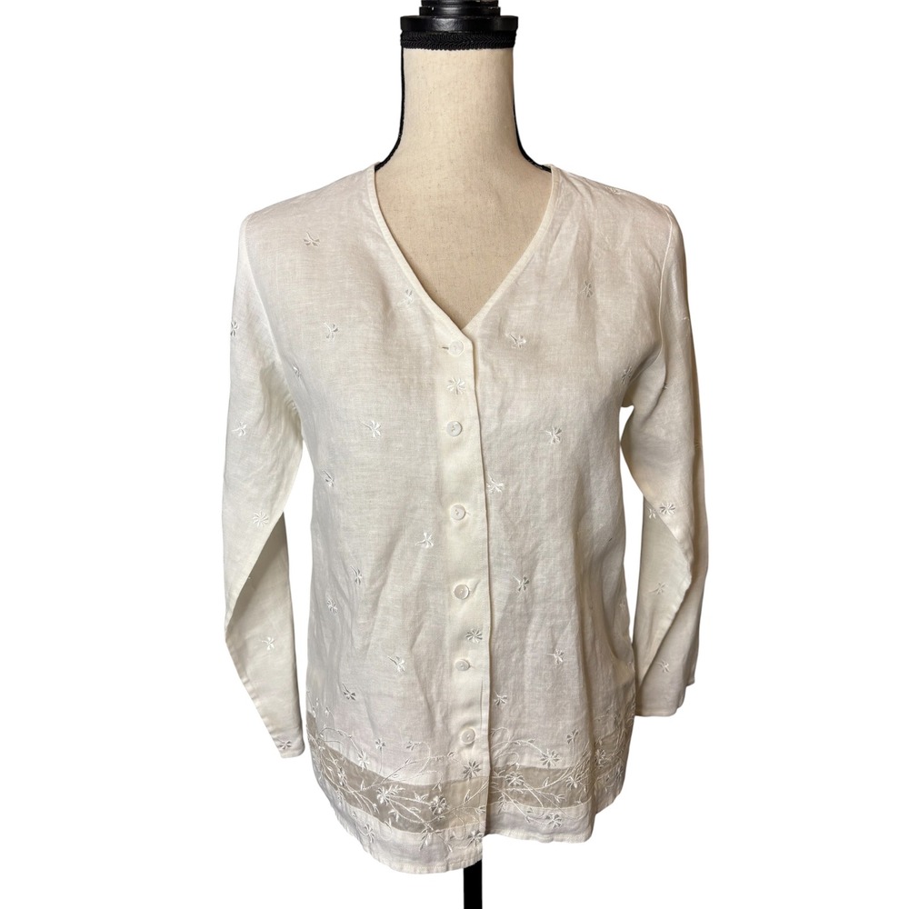 Talbots Petites Ivory 100% Linen Embroidered V-Neck Button Front Blouse Size 2P